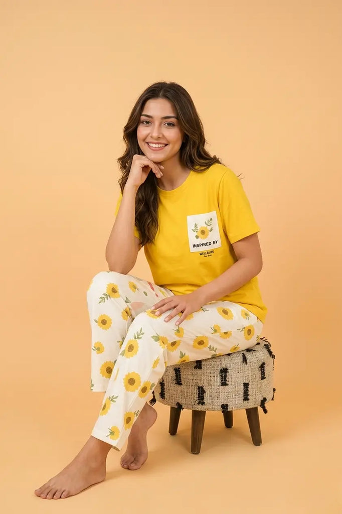 Yellow Flower Printed Pocket Half Sleeves Shirt and White Flower Printed Trouser Night Wear