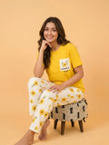 Yellow Flower Printed Pocket Half Sleeves Shirt and White Flower Printed Trouser Night Wear