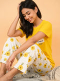 Yellow Flower Printed Pocket Half Sleeves Shirt and White Flower Printed Trouser Night Wear