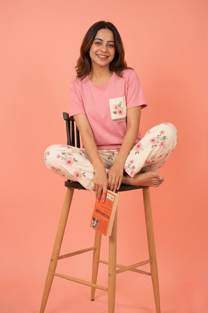 Pink Flower Printed  Trouser Night Wear