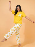 Yellow Flower Printed Pocket Half Sleeves Shirt and White Flower Printed Trouser Night Wear