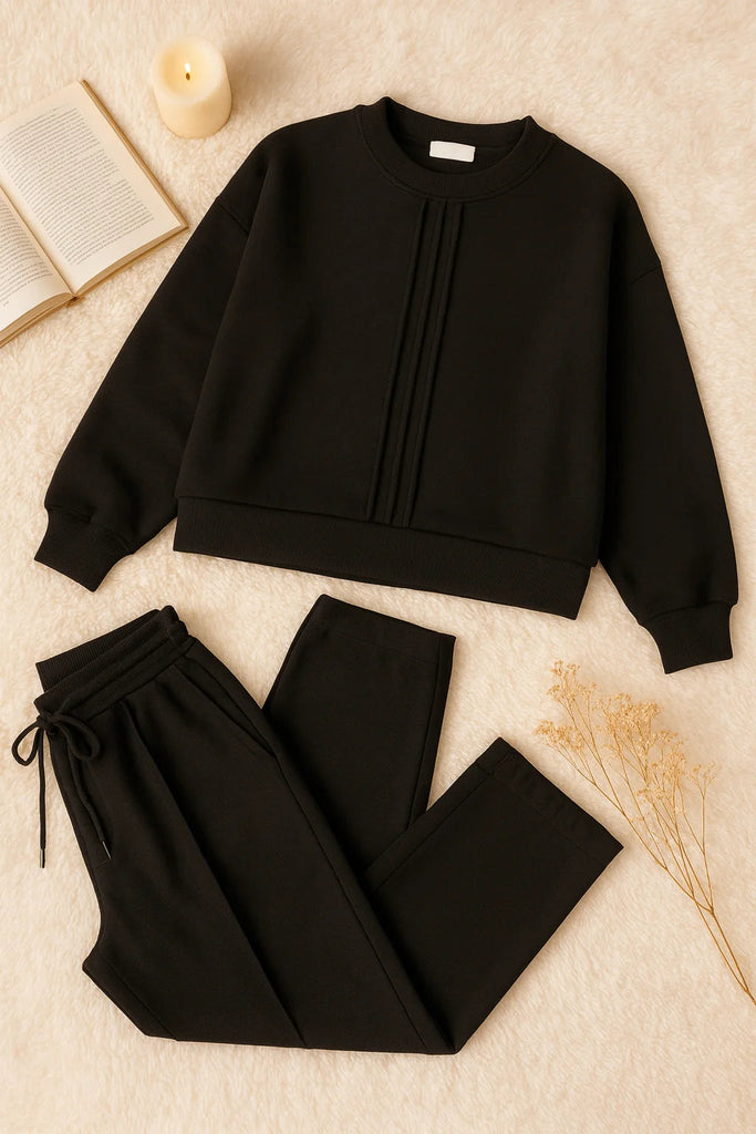 Winter Fleece Co-ords: Stylish Black 2-Piece Set with Cocoon Pants and Sweatshirt