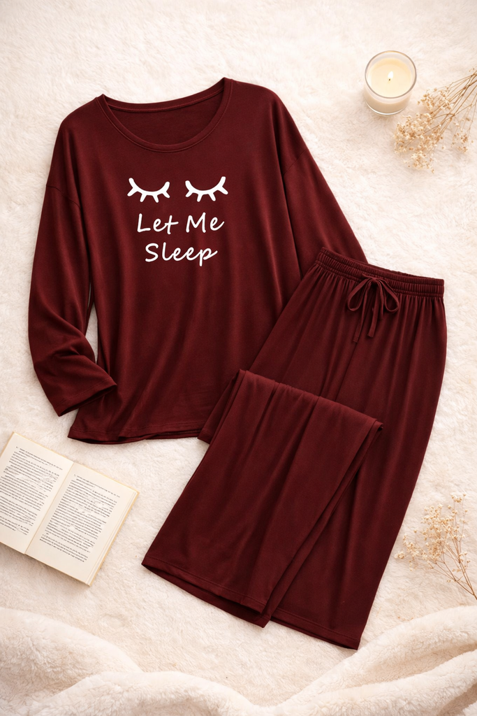 Maroon let me sleep V-Neck Women Night Suit PJ Set