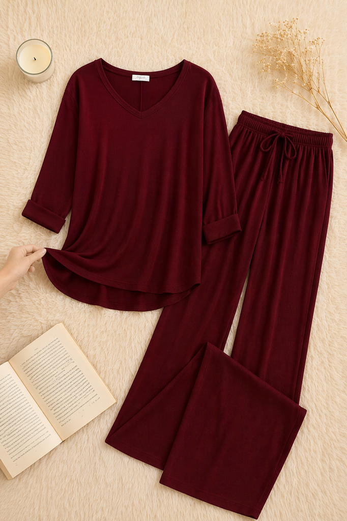 Maroon V-Neck Women Night Suit PJ Set