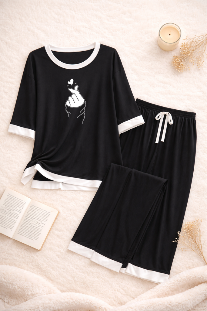 Black K Pop Heart White Round Neck Plazzo PJ Set