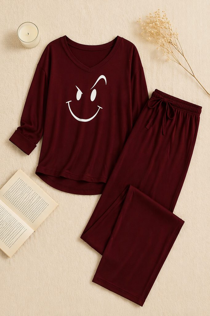 Maroon Smiley Face V-Neck Women Night Suit PJ Set
