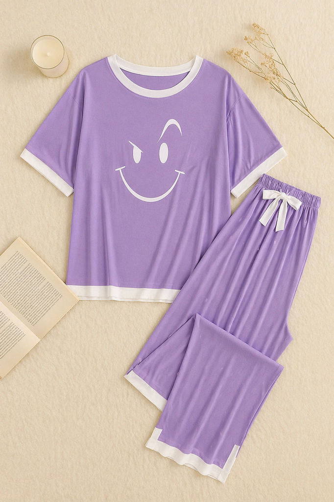 Purple Smiley Face White Round Neck Plazzo PJ Set