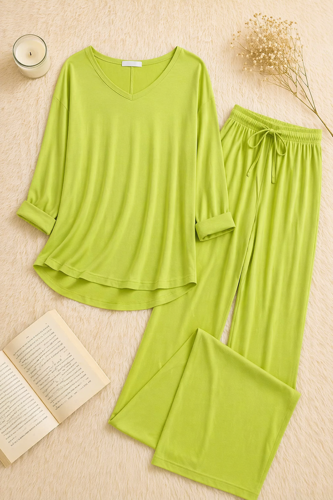 Lemon Green V-Neck Women Night Suit PJ Set