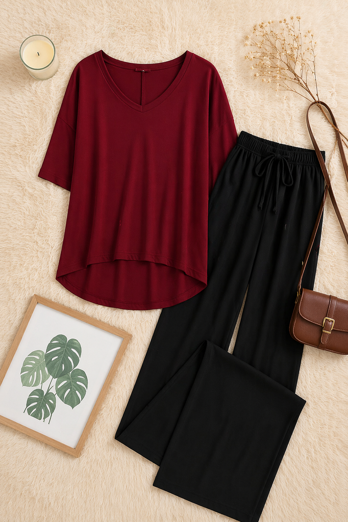 Plain Red V Neck T Shirt with Black Plazzo