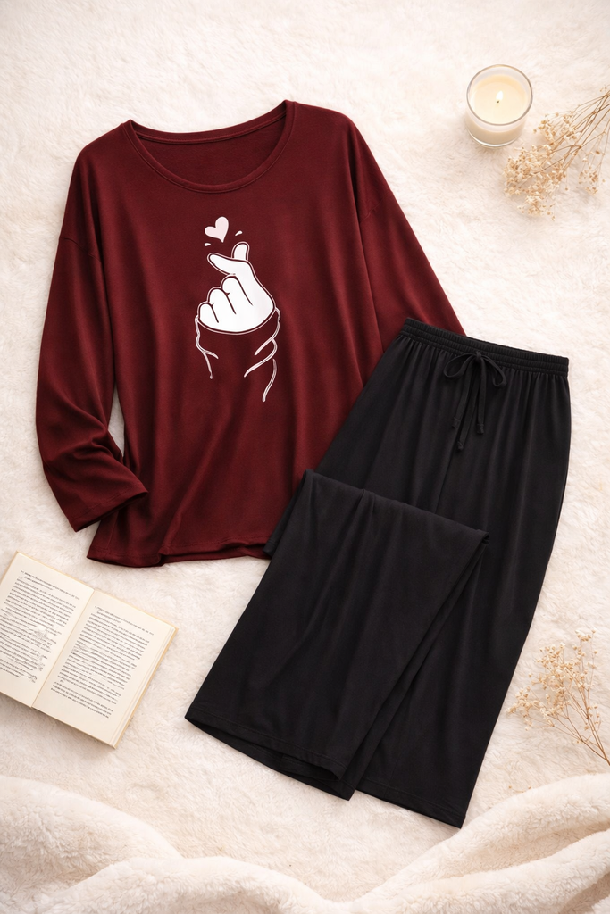 Plain Red K-Pop Heart V Neck T Shirt with Black Plazzo