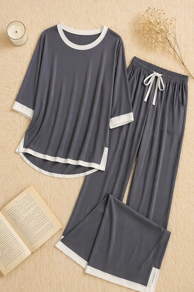 Grey White Round Neck Plazzo PJ Set