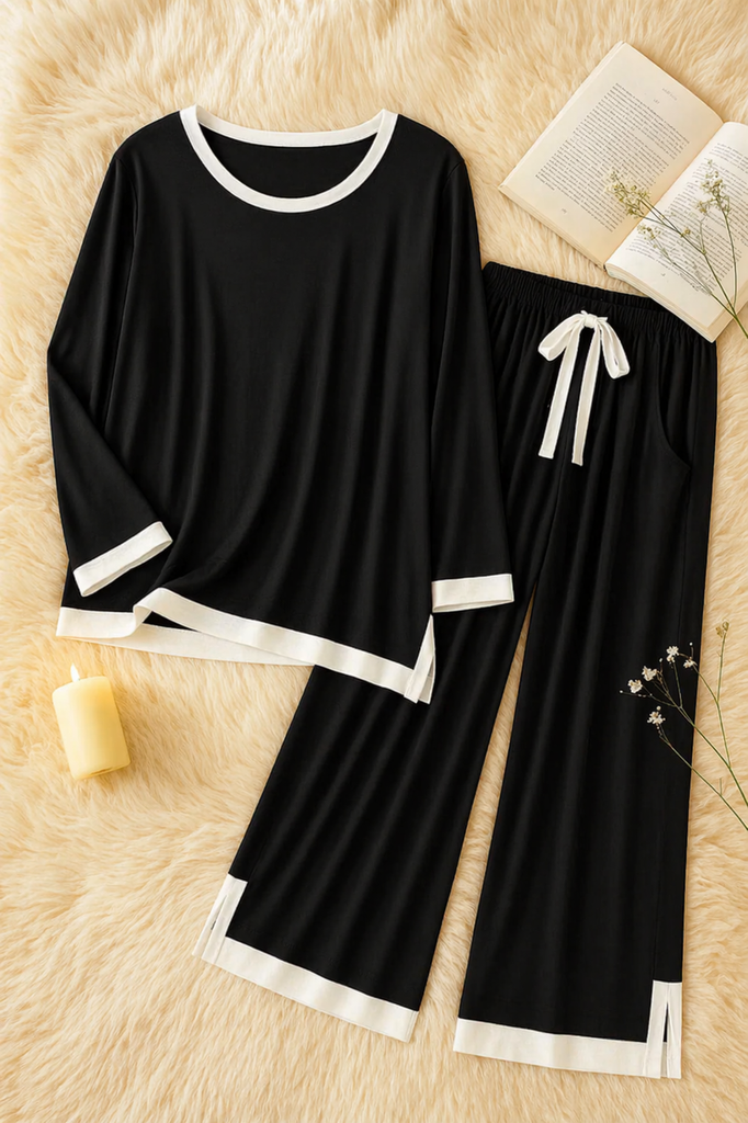Black White Round Neck Plazzo PJ Set