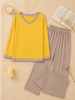 Yellow V-Neck T Shirt with Contrast Trouser PJ Set