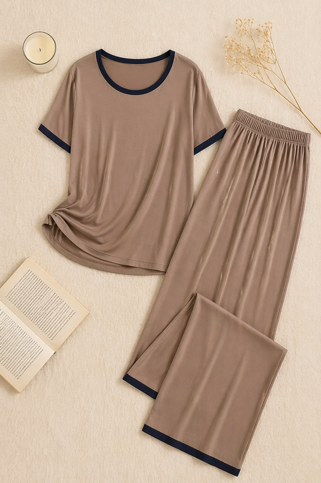 Plain Coffee Colour Tshirt With Black Round Neck And PLazo Pajama (Half Seeleve)