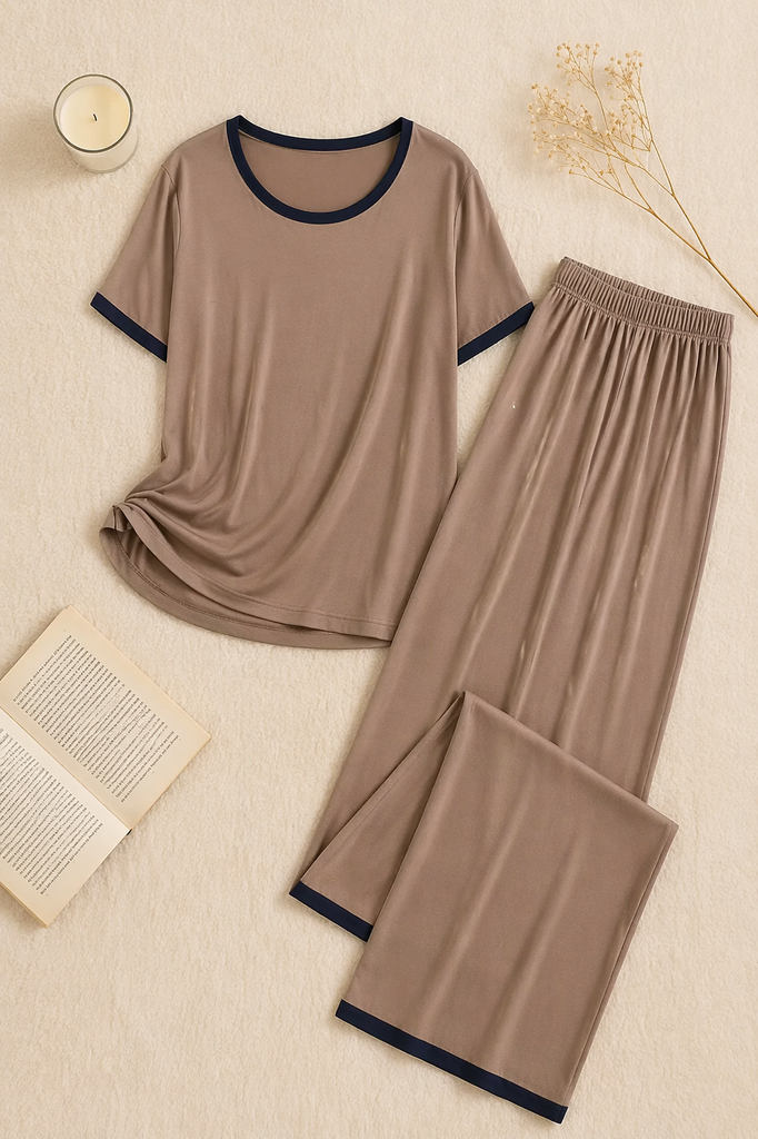 Plain Coffee Colour Tshirt With Black Round Neck And PLazo Pajama (Half Seeleve)