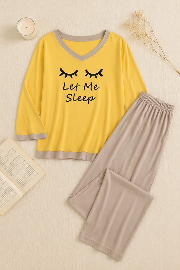 Yellow let me Sleep V-Neck T Shirt with Contrast Trouser PJ Set