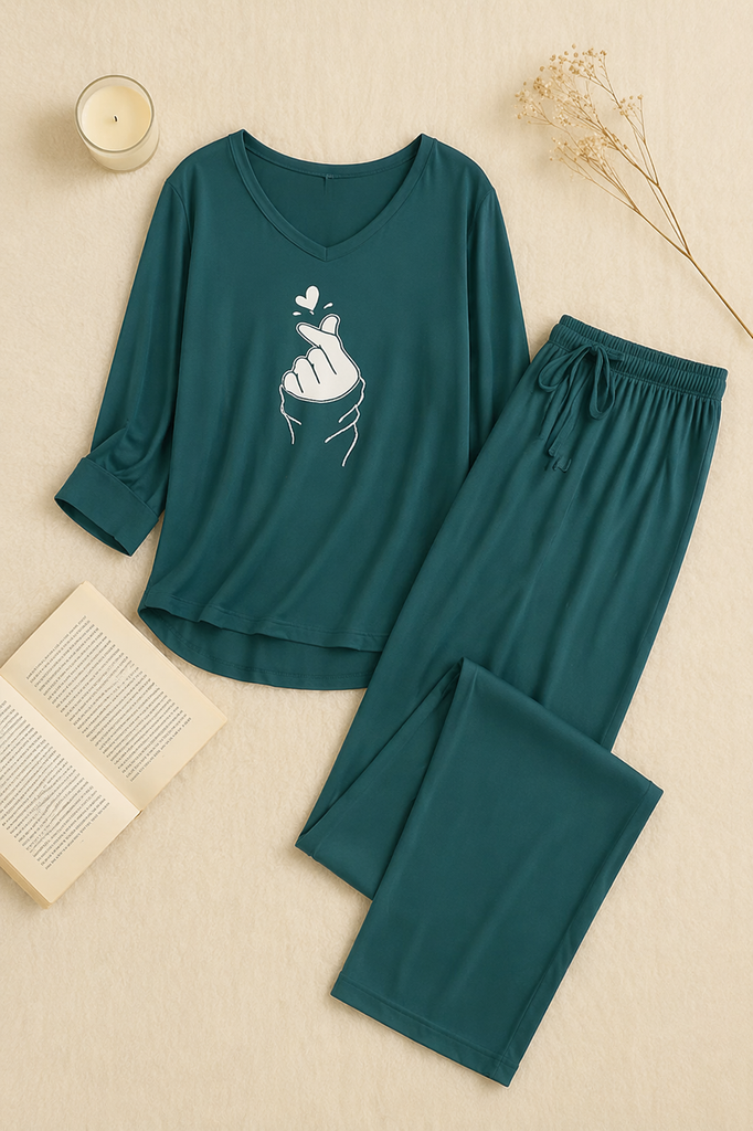 Persian Blue K Pop Heart V-Neck Women Night Suit PJ Set
