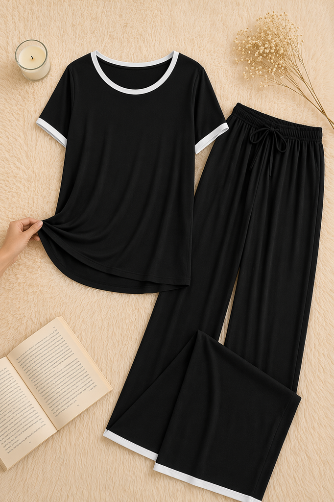 Plain Black Tshirt With White Round Neck And PLazo Pajama (Half Seeleve)