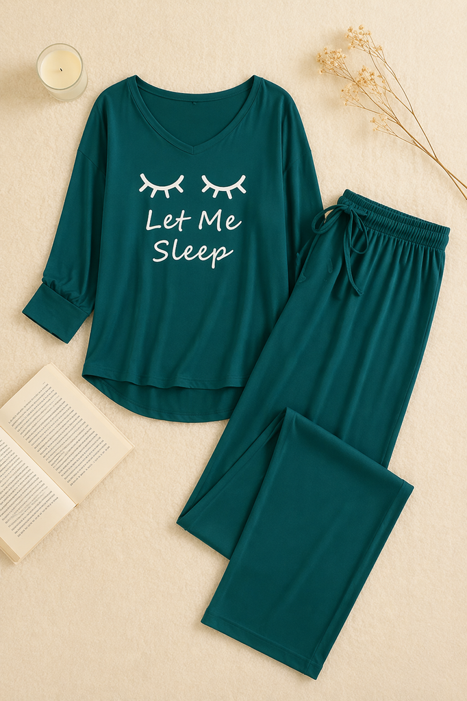 Persian Blue let me sleep V-Neck Women Night Suit PJ Set