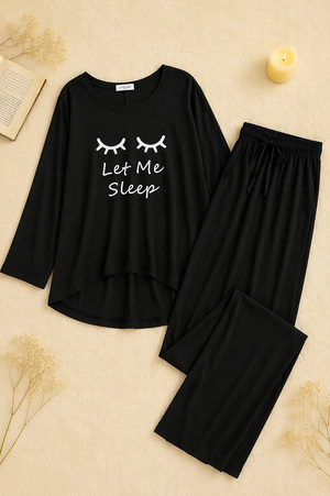 Deep Black let me sleep Round Neck Plazzo PJ Set