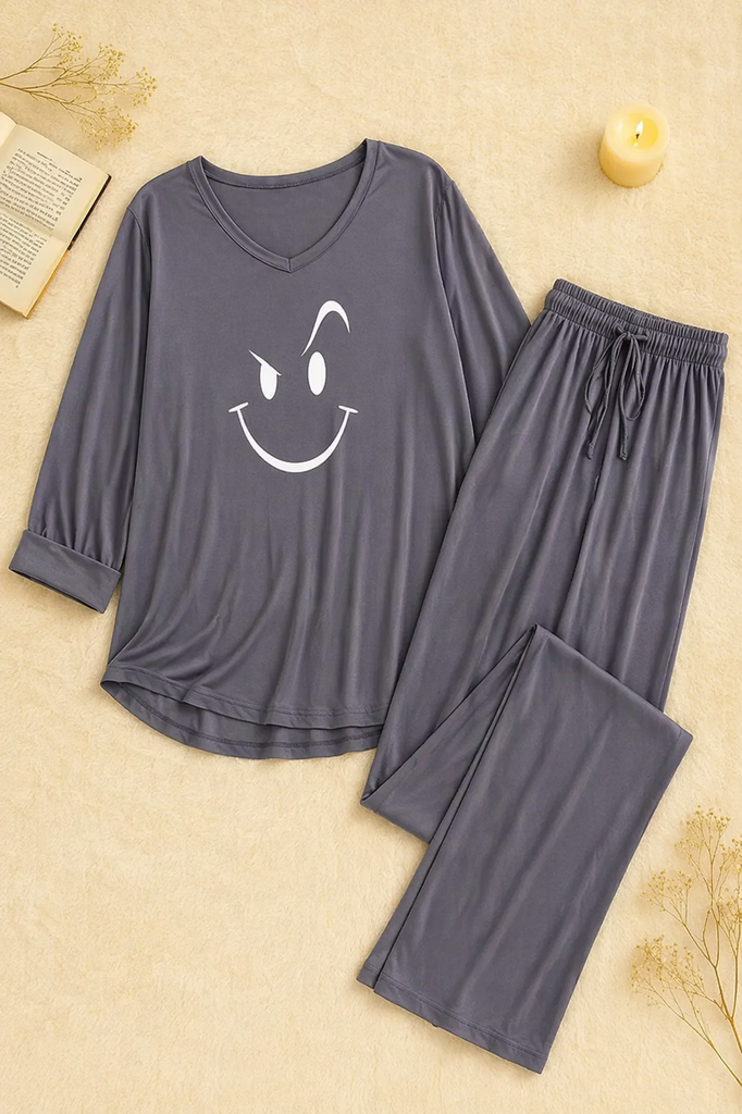 Plain Gray Smiley Face V Neck with Plazzo Pajama Full Sleeves Suit