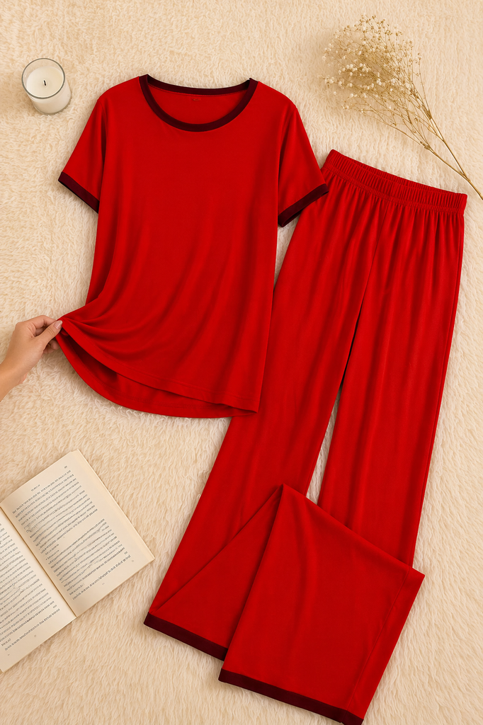 Plain Red Tshirt With Black Round Neck And PLazo Pajama (Half Seeleve)