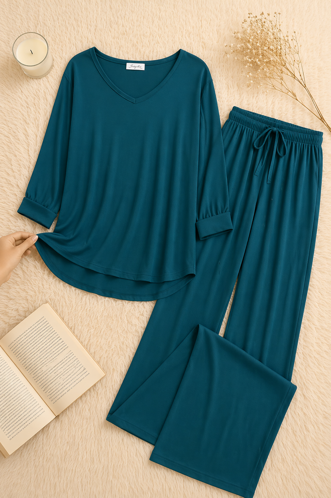 Persian Blue V-Neck Women Night Suit PJ Set