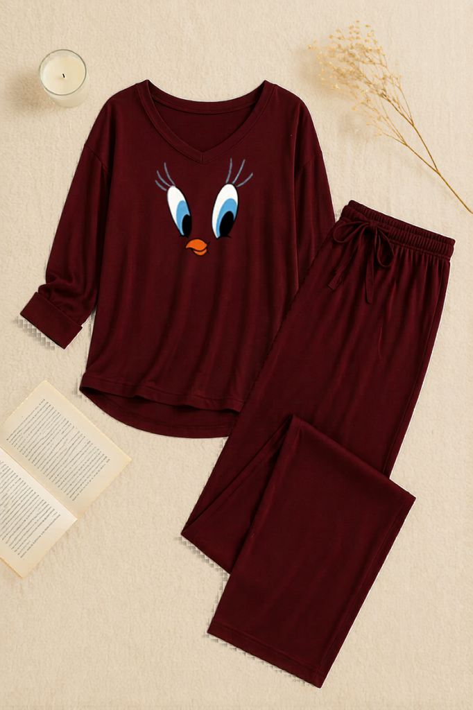 Maroon Daffy Duck V-Neck Women Night Suit PJ Set