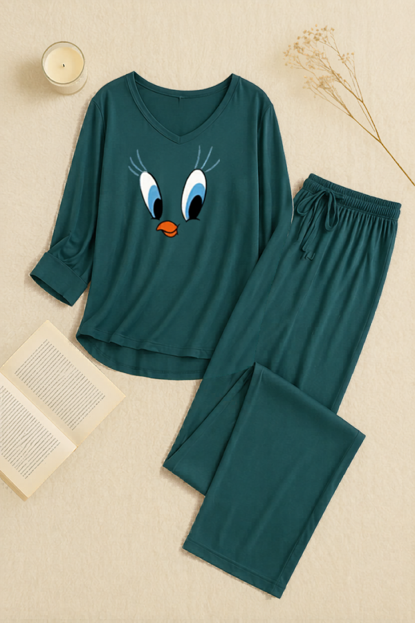Persian Blue Daffy Duck V-Neck Women Night Suit PJ Set