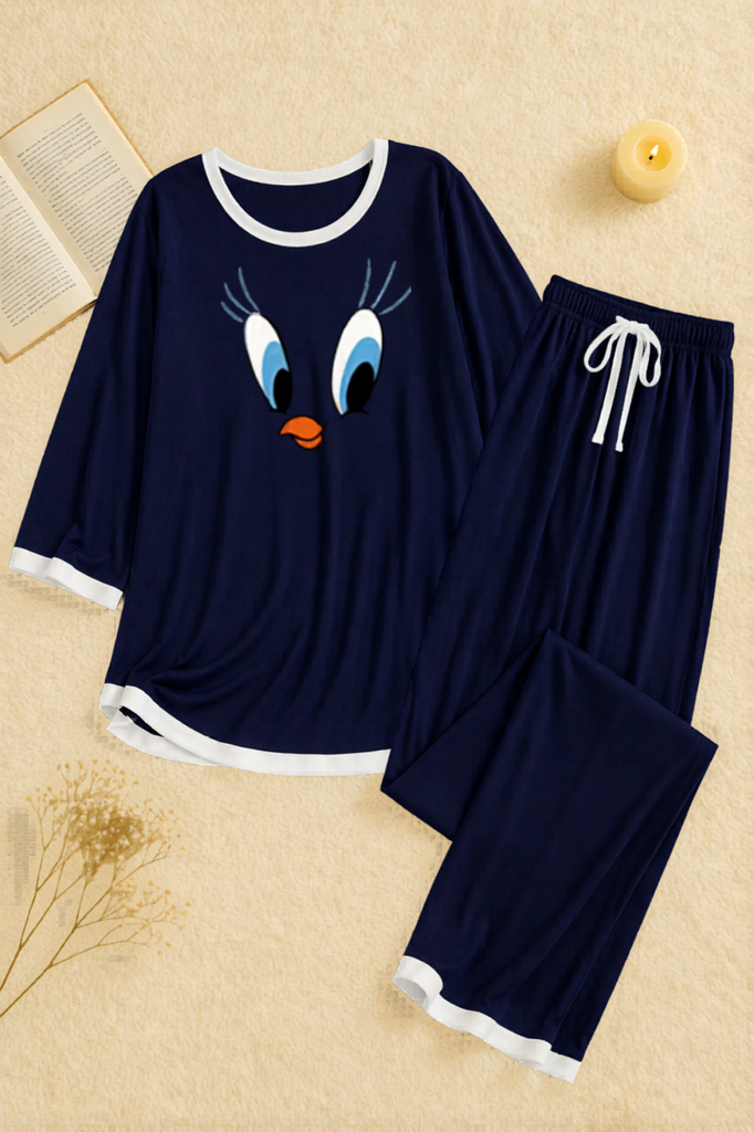 Navy Blue Daffy Duck White Round Neck Plazzo PJ Set