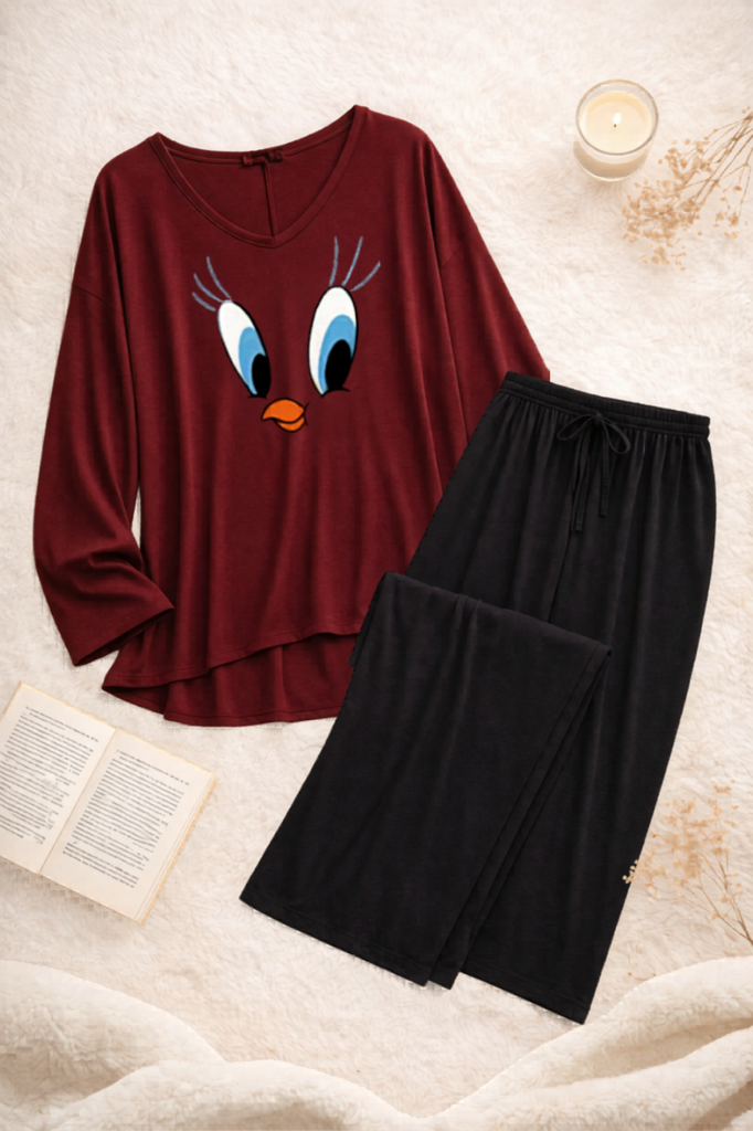 Plain Red Daffy Duck V Neck T Shirt with Black Plazzo