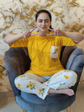 Yellow Flower Printed Pocket Half Sleeves Shirt and White Flower Printed Trouser Night Wear