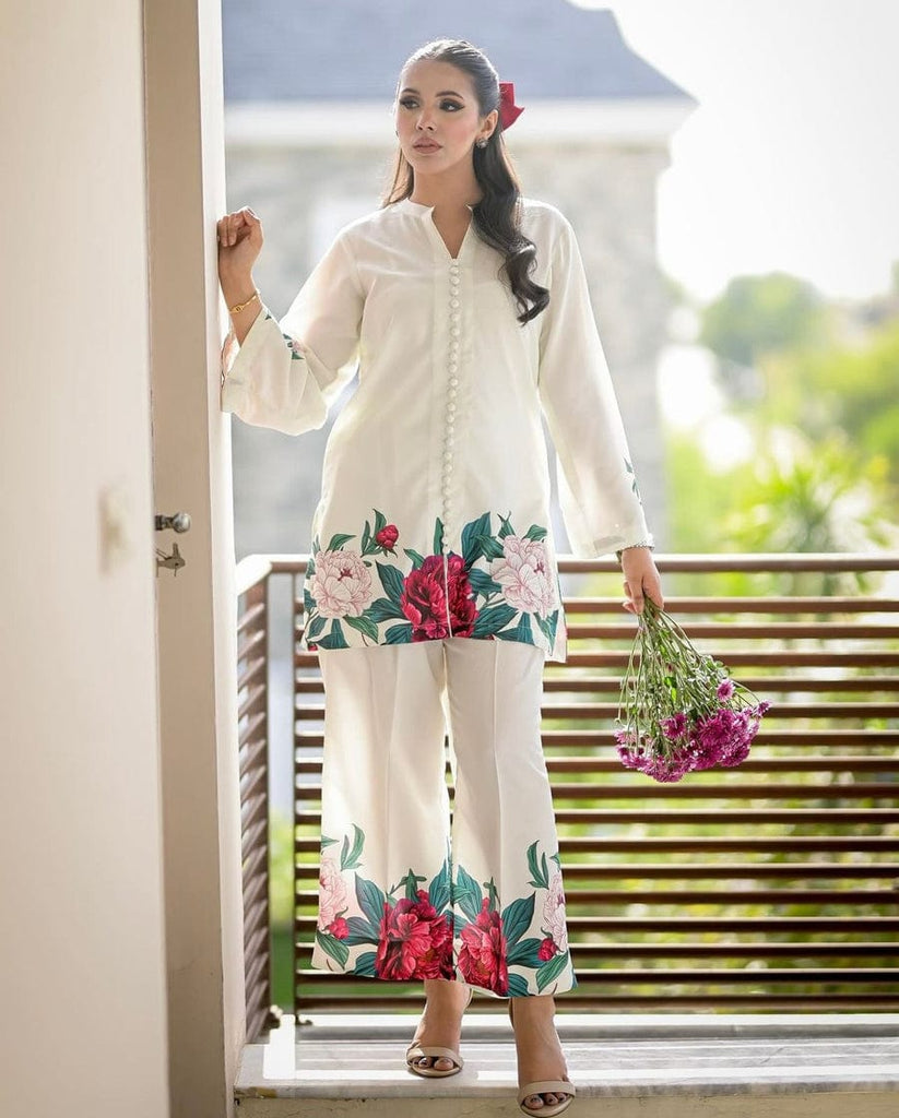 Elegant Floral White Ensemble Flower Dress for Women 2Pc Cord Set | F-6|