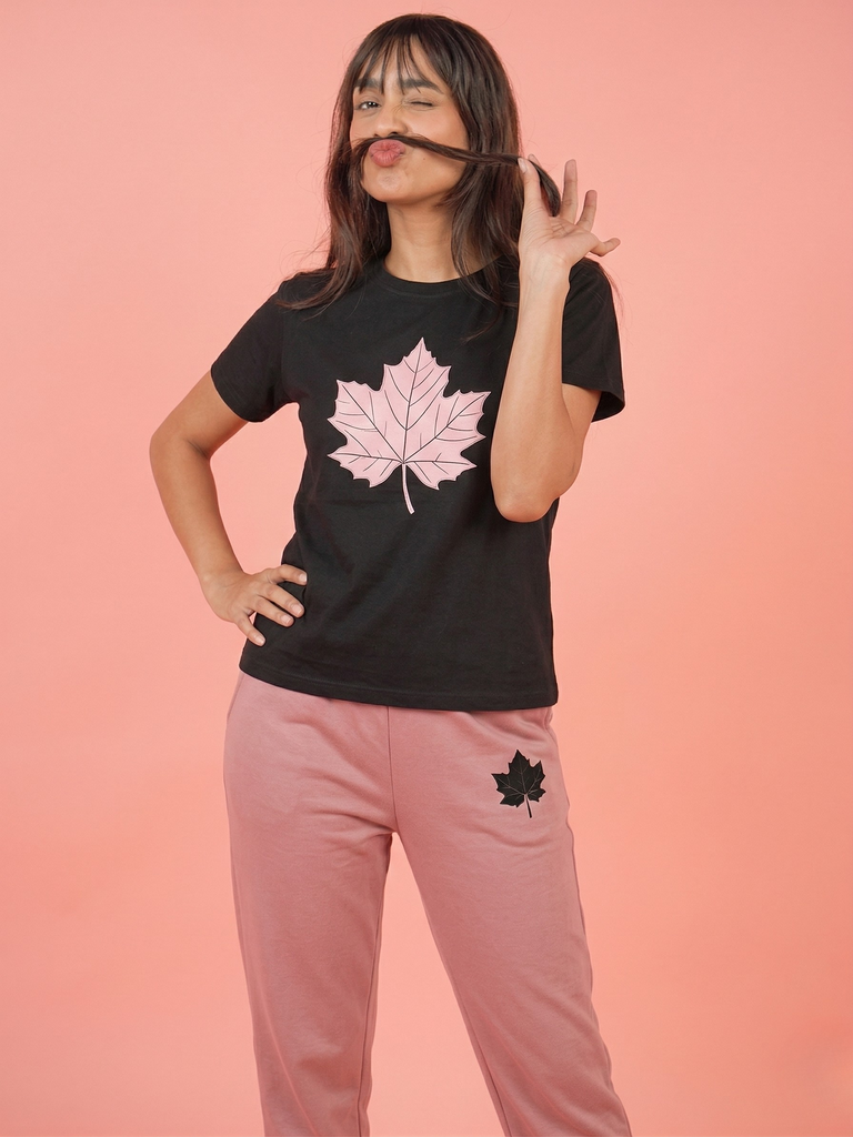 Leaf Printed Black Shirt And Pink Trouser
