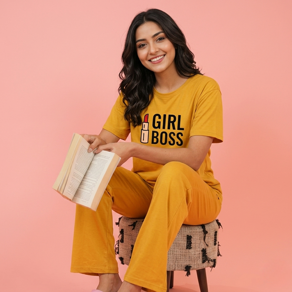 Yellow Girl Boss Printed Flapper Style Night Wear