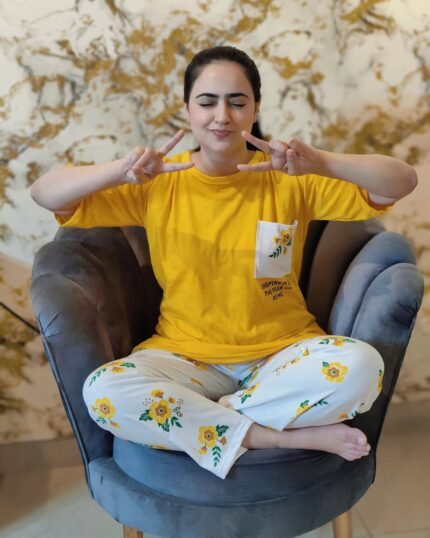 Yellow Flower Printed Trouser Night Wear
