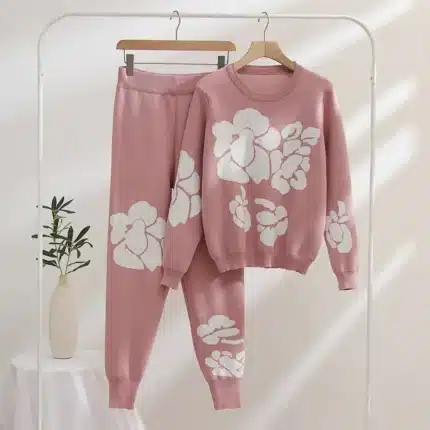 White Rose Printed Style 2-Pcs Winter Tracksuit For Her