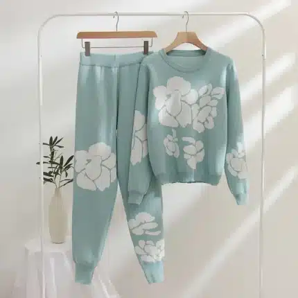 White Rose Printed Style 2-Pcs Winter Tracksuit For Her ( Sky Blue )
